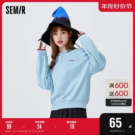 森马卫衣女兔子撞色polo领2021秋款oversize女生可爱套头衫温柔图片