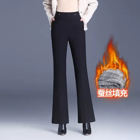黑色加绒加厚喇叭裤女冬季2023新款高腰显瘦通勤长裤休闲保暖棉裤商品大图