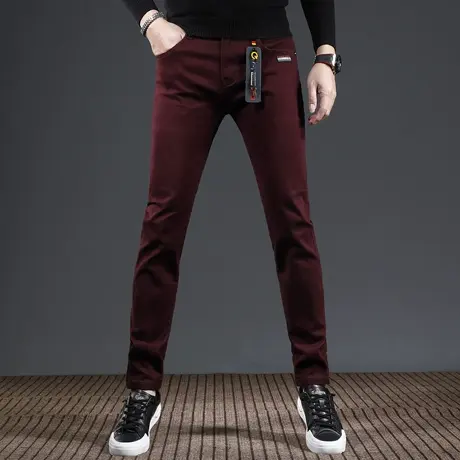 洒红加绒裤子男休闲裤秋冬款2023新款加厚弹力男士牛仔裤修身小脚商品大图