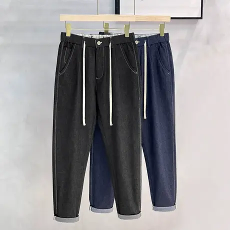 秋冬款蓝黑色牛仔裤男潮宽松直筒美式休闲裤锥形弹力普洗牛仔裤子图片