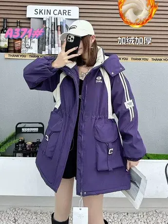 加绒加厚字母连帽棉服外套女中长款冬季宽松收腰显瘦派克服冲锋衣商品大图