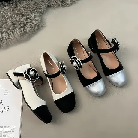 小香风法式玛丽珍鞋女2024年新款春季拼色百搭一脚蹬浅口单鞋子商品大图