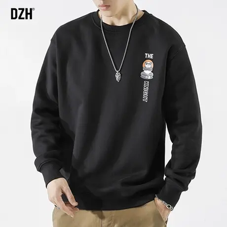 男士印花圆领卫衣男春秋重磅2024新款黑色上衣男款宽松长袖打底衫图片