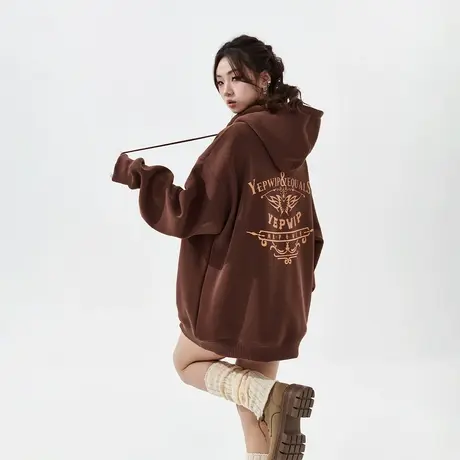 YEP美式复古印花连帽卫衣女春秋204年新款街头潮牌宽松美拉德外套图片