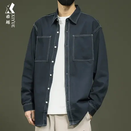 希越休闲纯棉衬衫男士2024春季新款重磅水洗衬衣宽松大码工装外套商品大图
