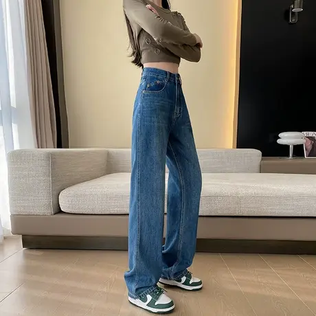 阔腿牛仔裤女春秋冬季2024年新款高腰显瘦宽松复古直筒加绒拖地裤商品大图