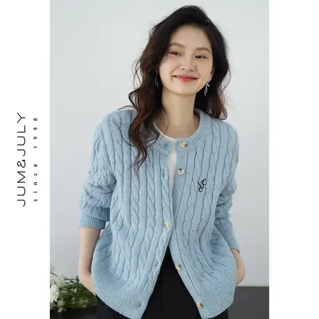 嘉茱莉2024春季新款针织开衫毛衣外套女圆领宽松针织上衣麻花毛衣图片