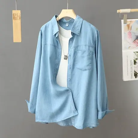 早春新款休闲牛仔衬衫女式外套春秋季上衣2024新款中长款宽松衬衣图片