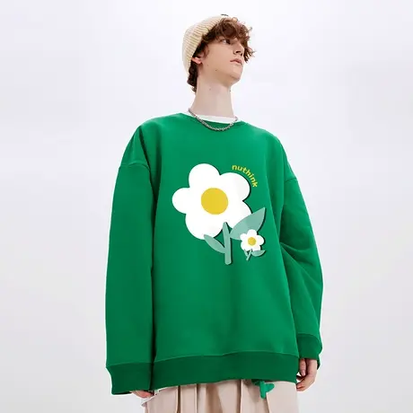 Nuthink国潮无帽宽松圆领花卉卫衣男潮牌冬季加绒加厚大码上衣潮商品大图