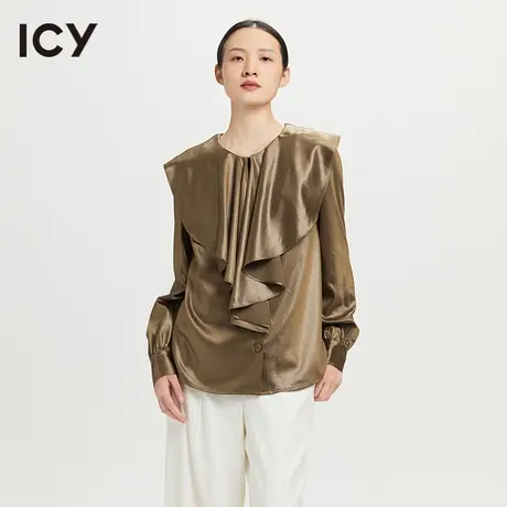 icy2023春季新款甜美复古优雅荷叶边披肩翻领上衣丝质套头衬衫女商品大图