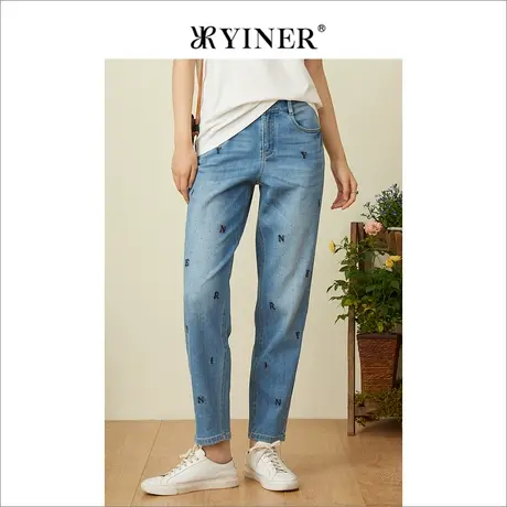 YINER音儿女装2022夏季新款重工铆钉字母九分牛仔裤商品大图