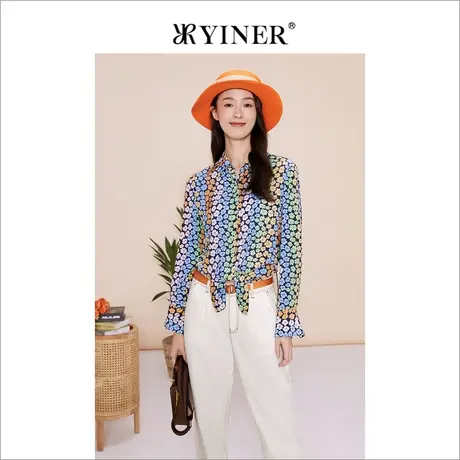 YINER音儿女装2023春季优雅印花设计感桑蚕丝衬衫上衣商品大图