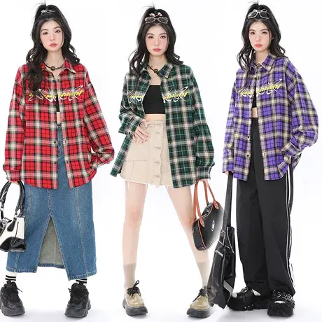 YEP2024年新款复古格子衬衫女春秋韩版上衣潮牌宽松oversize衬衣图片