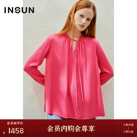 INSUN恩裳春季真丝系带衬衫玫红上衣商品大图