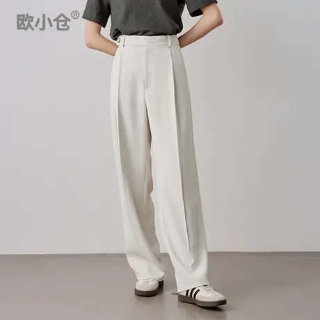 欧小仓 奶茶裤 侧打褶拖地裤垂坠感阔腿裤一粒扣垂感及地长西装裤图片