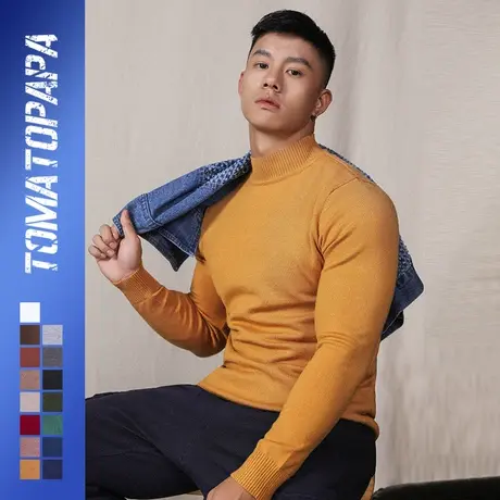 TOMATOPAPA欧美原创休闲半高领毛衣男士秋冬纯色针织衫打底毛衫男商品大图