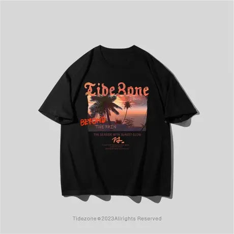 Ohlyah浪漫日落印花短袖T恤男女2023夏新款简约时尚休闲情侣上衣图片