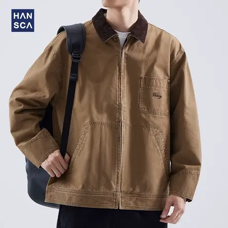 hansca美式复古工装夹克男潮牌秋季纯棉宽松大码痞帅翻领休闲外套商品大图