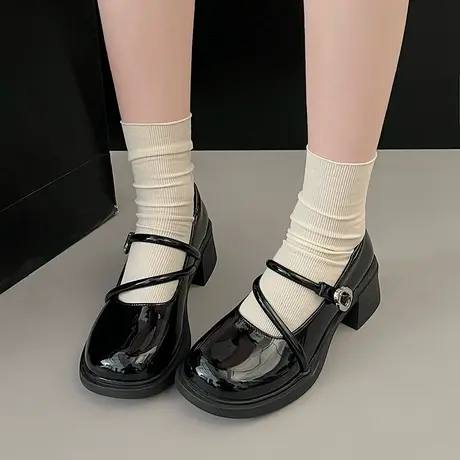 圆头玛丽珍鞋女2024年新款复古英伦风浅口单鞋配裙子粗跟小皮鞋潮商品大图