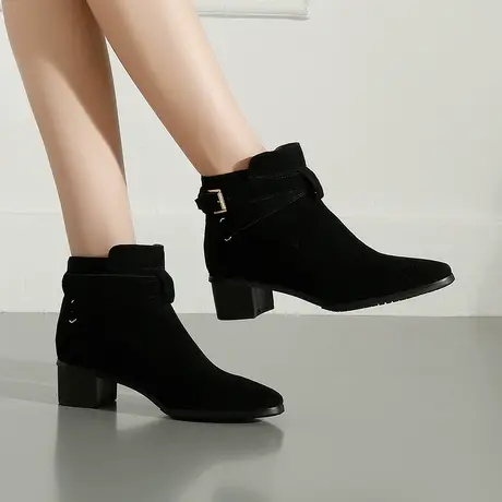 冬季新款加绒磨砂皮高跟鞋靴子粗跟搭扣女靴绿色保暖圆头短靴商品大图