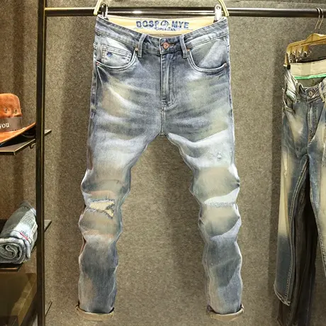 时尚百搭美式复古牛仔裤男士修身小直筒裤子高街ins潮牌破洞长裤商品大图