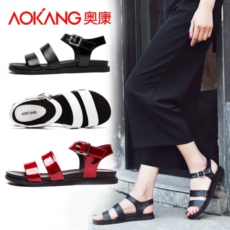 奥康凉鞋女2019新款平底真皮软底简约休闲一字扣带罗马女凉鞋商品大图