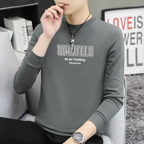 240G重磅t恤男士长袖纯棉圆领上衣服潮流宽松体恤全棉内搭打底衫商品大图