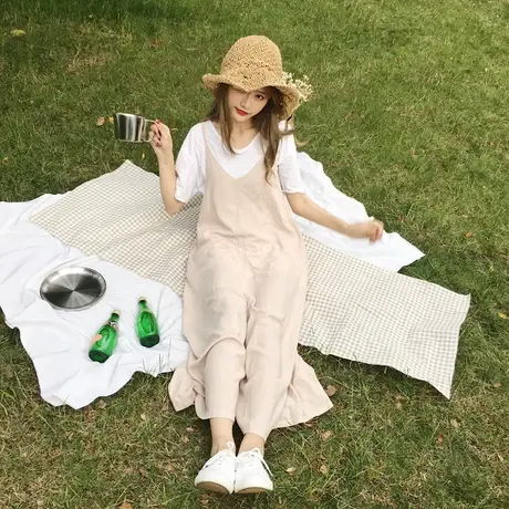 夏季新款韩版宽松棉麻吊带九分连体裤女装时尚大码背带阔腿裤潮商品大图