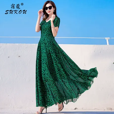 时尚气质绿色碎花裙连衣裙女2023夏季新款收腰显瘦大摆长裙显年轻图片