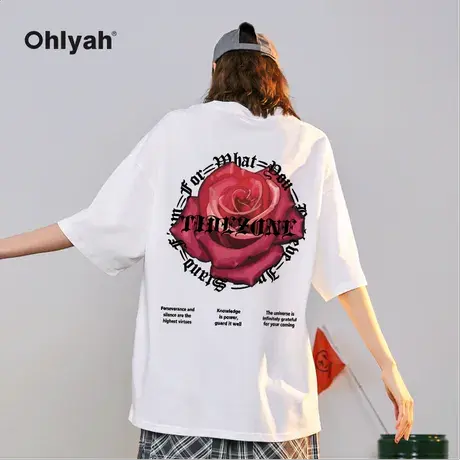 Ohlyah植物花卉红玫瑰圆圈字母印花短袖t恤男女款白色宽松半截袖商品大图