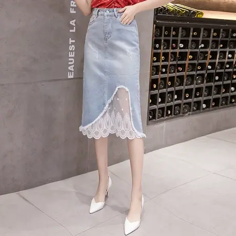 牛仔裙半身裙女时尚春夏新款包臀直筒裙复古高腰浅色中长拼接花边图片
