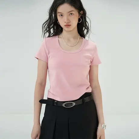 omont蛋挞家 刺绣U领短袖T恤2023夏季新款小众正肩修身显瘦上衣女商品大图