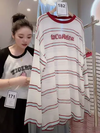 洋气减龄针织衫夏女宽松透气薄款慵懒风条纹长袖大码中长款T恤潮商品大图