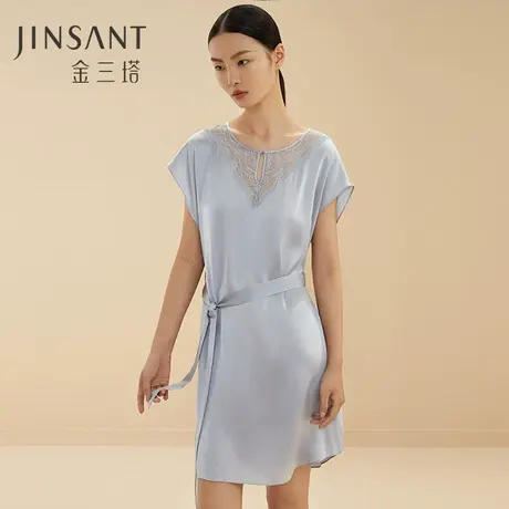金三塔丝氨酸真丝圆领短袖睡裙女 100%桑蚕丝纯色睡衣女图片