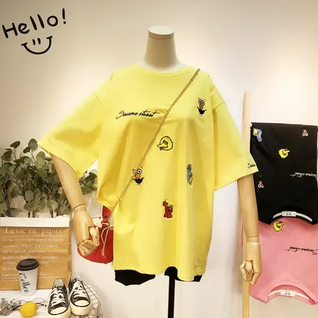 2020夏季新款韩国东大门ins刺绣女短袖中长款包臀T恤欧货大码宽松商品大图