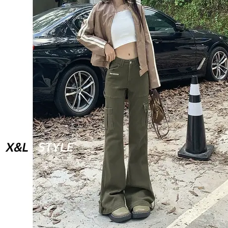 美式休闲微喇叭工装裤女秋季2023年新款高腰显瘦辣妹阔腿马蹄裤子商品大图