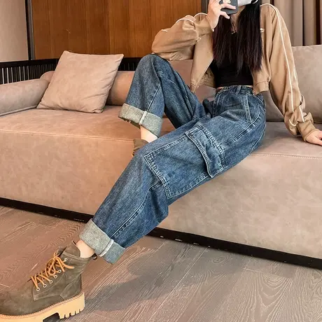 美式复古做旧工装牛仔裤女秋冬季高腰直筒宽松显瘦大口袋老爹裤潮商品大图