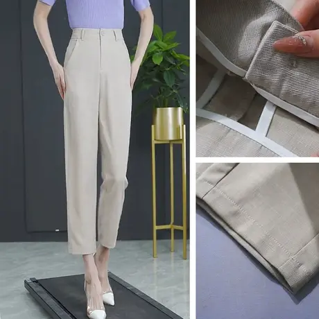 棉麻哈伦裤子女2023夏季新款大码西装裤小个子春秋九分直筒烟管裤图片