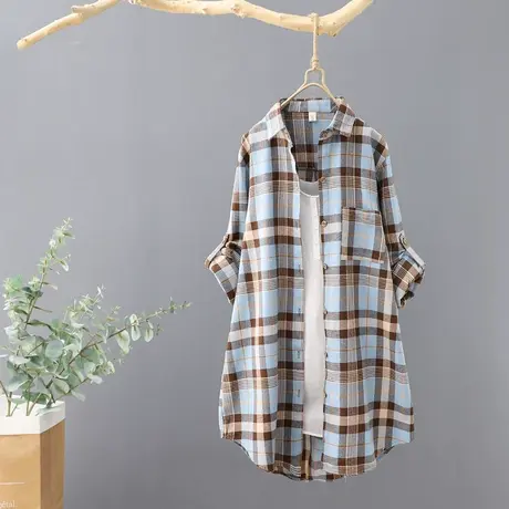 韩范中长款格子长袖衬衫女2023秋季新品宽松外套上衣开衫衬衣女装商品大图