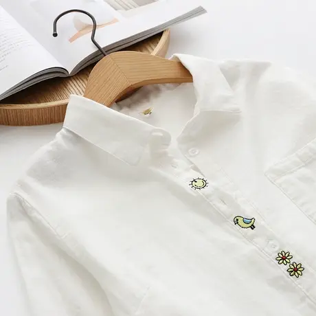 春款文艺小清新宽松双层纱纯棉白色长袖衬衫女士宽松学生百搭衬衣商品大图