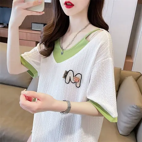 设计感小众短袖t恤女夏季韩版宽松大码撞色百搭小个子假两件上衣图片