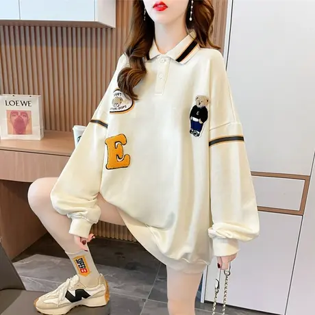 早秋卫衣女春秋韩版宽松bf慵懒风ins中长款薄款polo领上衣外套潮图片