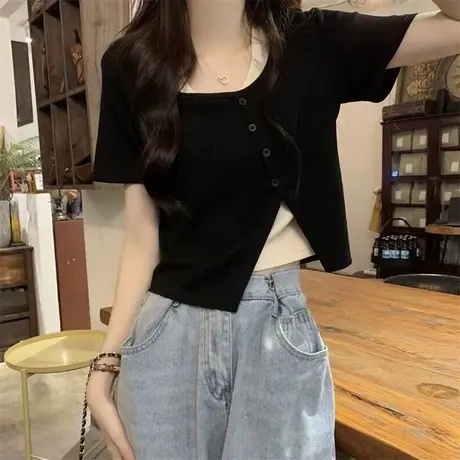 甜飒风方领正肩T恤短袖女夏天韩版修身显瘦假两件短款半袖上衣潮图片