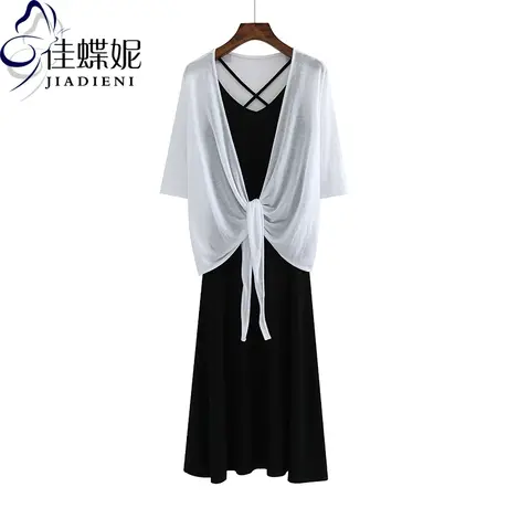 夏季新款韩版宽松防晒衫中袖短款薄款上衣修身吊带连衣裙女装套装商品大图