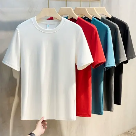 2023春夏新款纯色丝光棉短袖T恤韩版白红色半袖T恤男装打底衫上衣商品大图