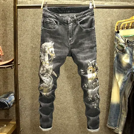 春秋潮牌刺绣牛仔裤男修身小脚裤男士潮流百搭炸街裤子男痞帅长裤商品大图