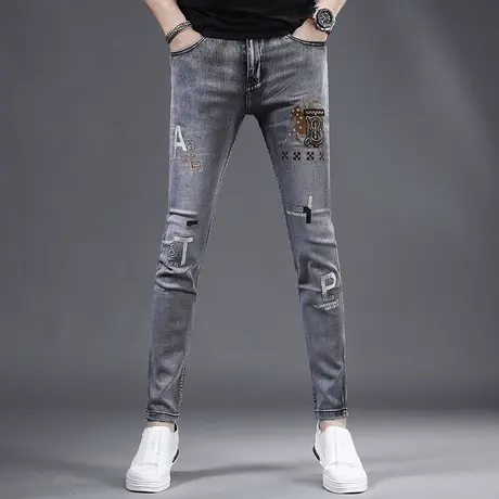 灰色刺绣牛仔裤男款修身小脚2023新款夏季薄款绣花男裤子弹力青年商品大图
