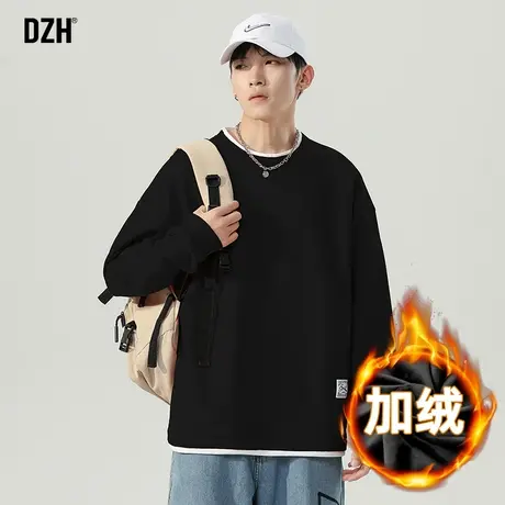 男士黑色加绒长袖t恤男潮牌宽松加厚内搭打底衫秋冬2023新款男装商品大图