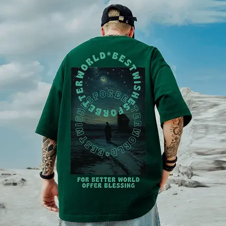 2023新款潮牌宽松T恤美式复古短袖五分袖纯棉加肥加大码男装半袖商品大图