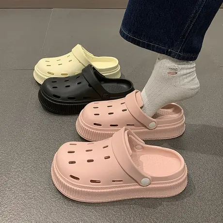 原宿风简约时尚百搭厚底洞洞鞋女夏季防滑防臭踩屎感纯色沙滩凉拖商品大图